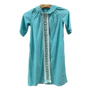 Vintage Robe House Coat Duster Aqua White lace Embroidery Snap Up Grandma Core